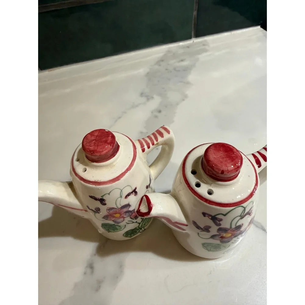Vintage Japan Ceramic Teapot Salt and Pepper Shakers Purple Violets Floral Set